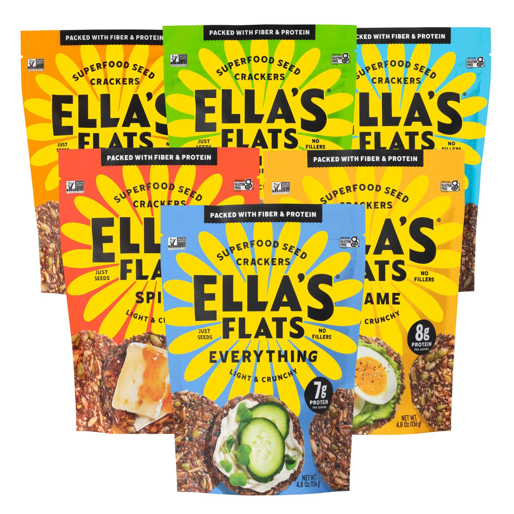 ELLA'S FLATS front packaging showing six-flavor variety and resealable pouch benefits