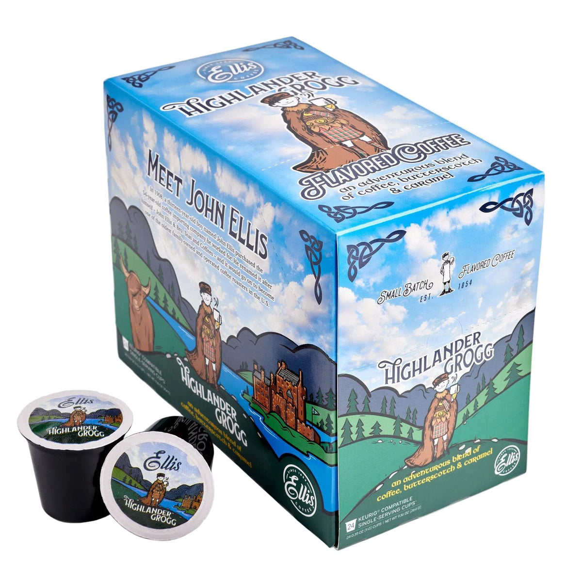 Ellis Coffee box front showing Highlander Grogg pods and flavor label for gift appeal