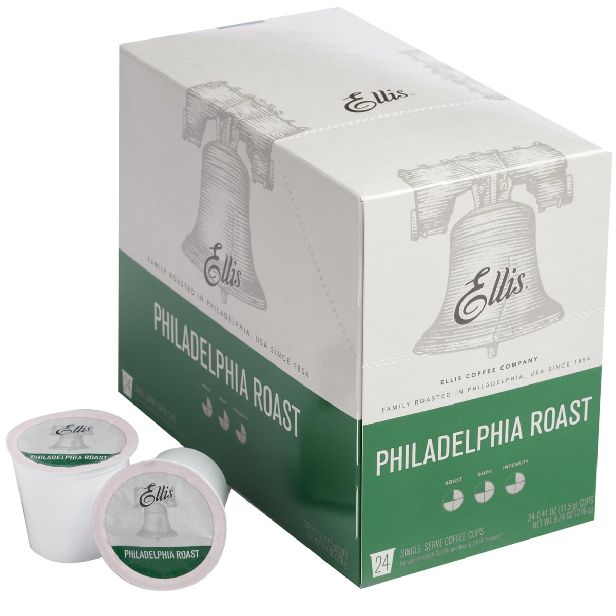 ELLIS COFFEE box front showing Philadelphia Roast medium pods and brand heritage