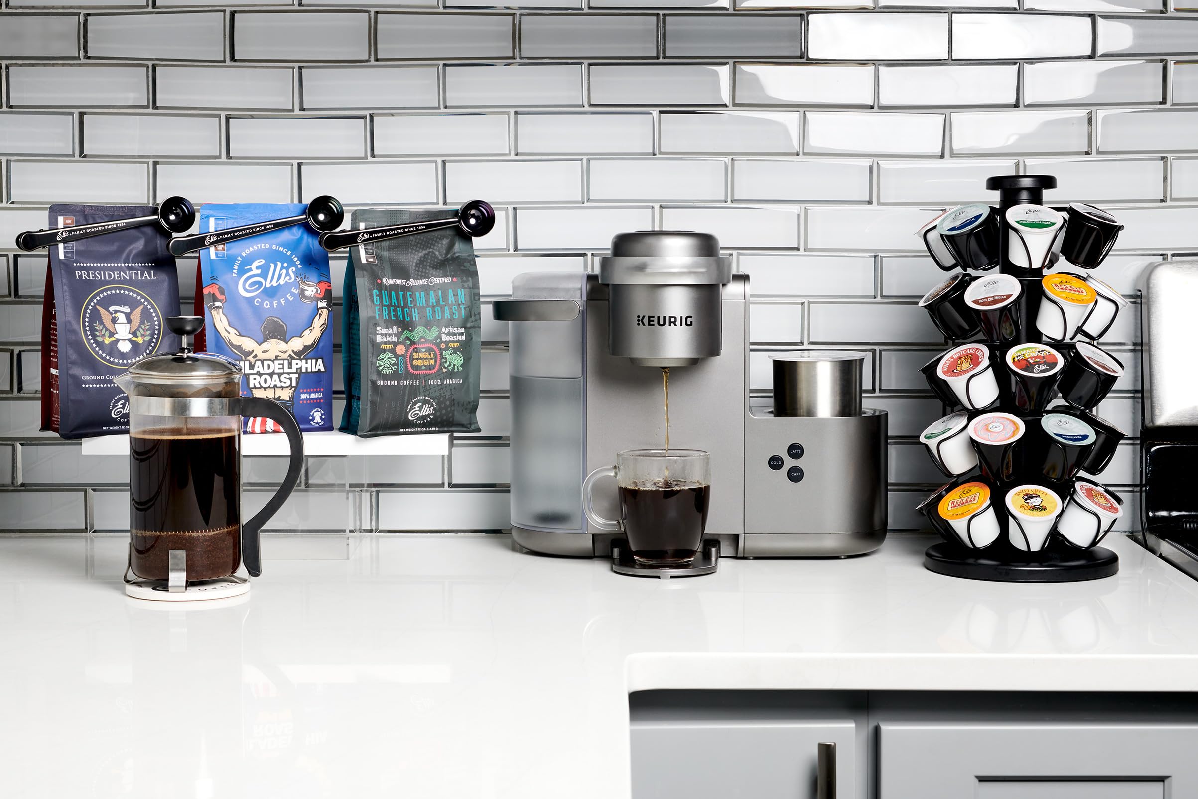 ELLIS COFFEE brewed cup showing light roast color and bright cup clarity benefit