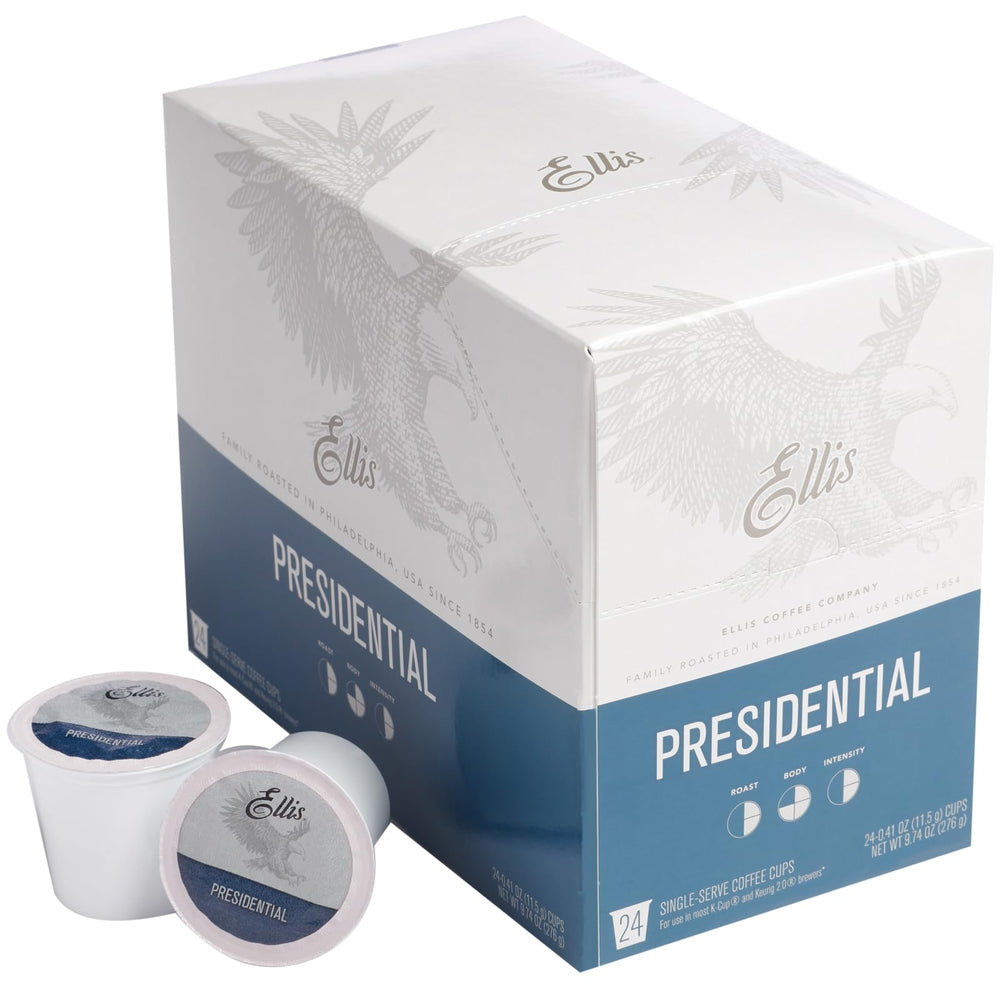 ELLIS COFFEE front packaging showing 24-count presidential pods and clear branding benefit convenience