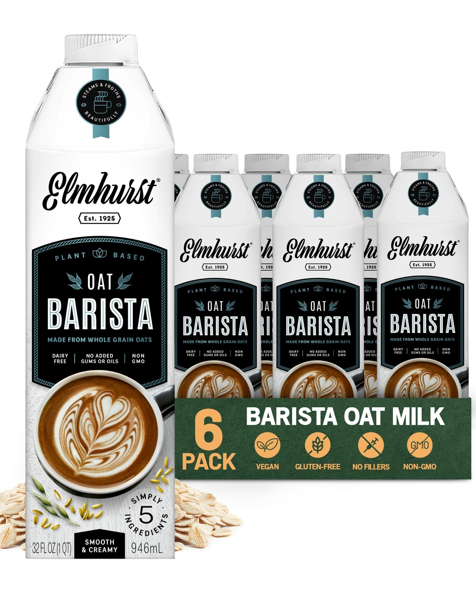 Elmhurst oat milk front packaging showing brand and 32oz size, convenient six-pack benefit