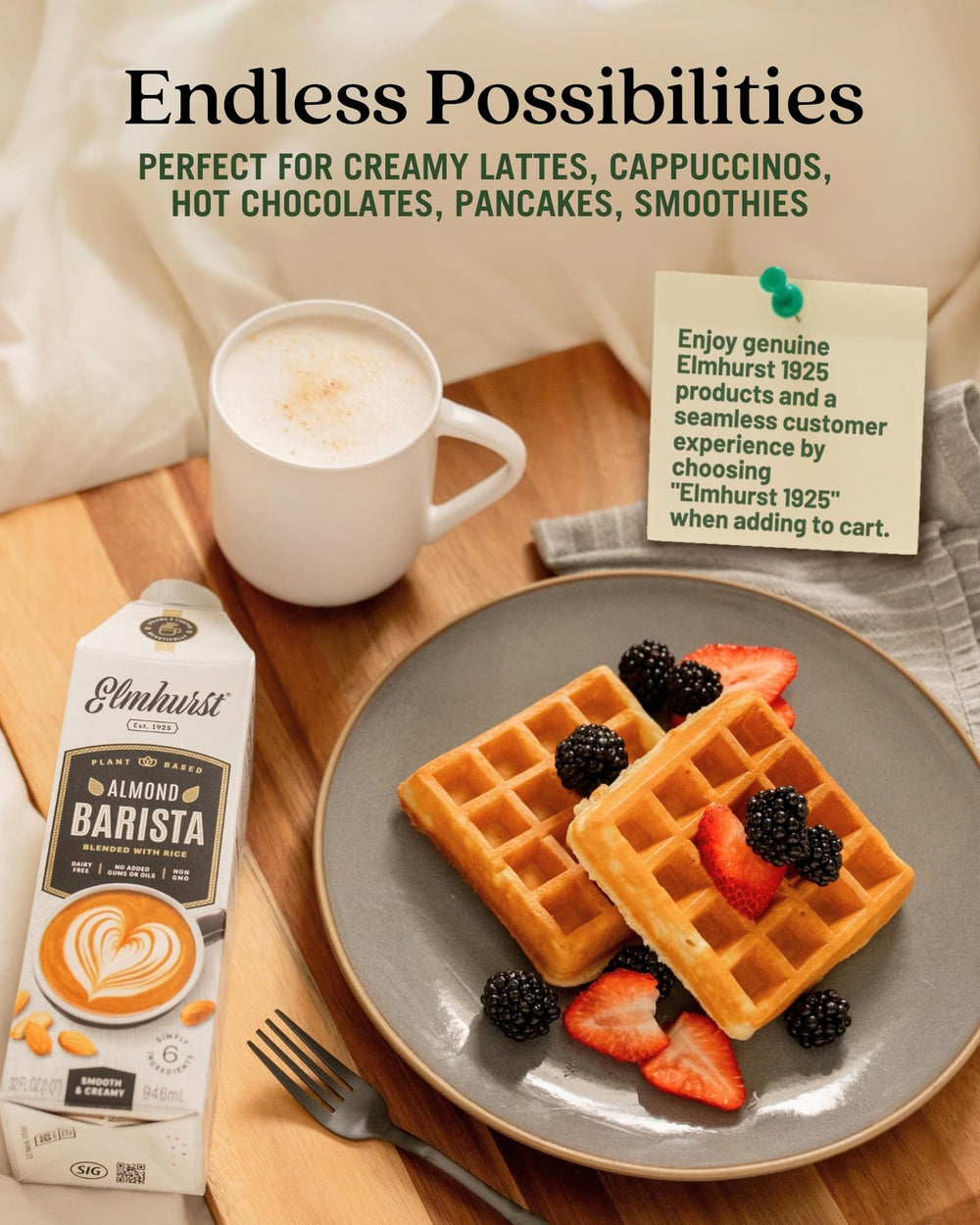 Elmhurst almond milk carton label close-up showing clean ingredients and transparency