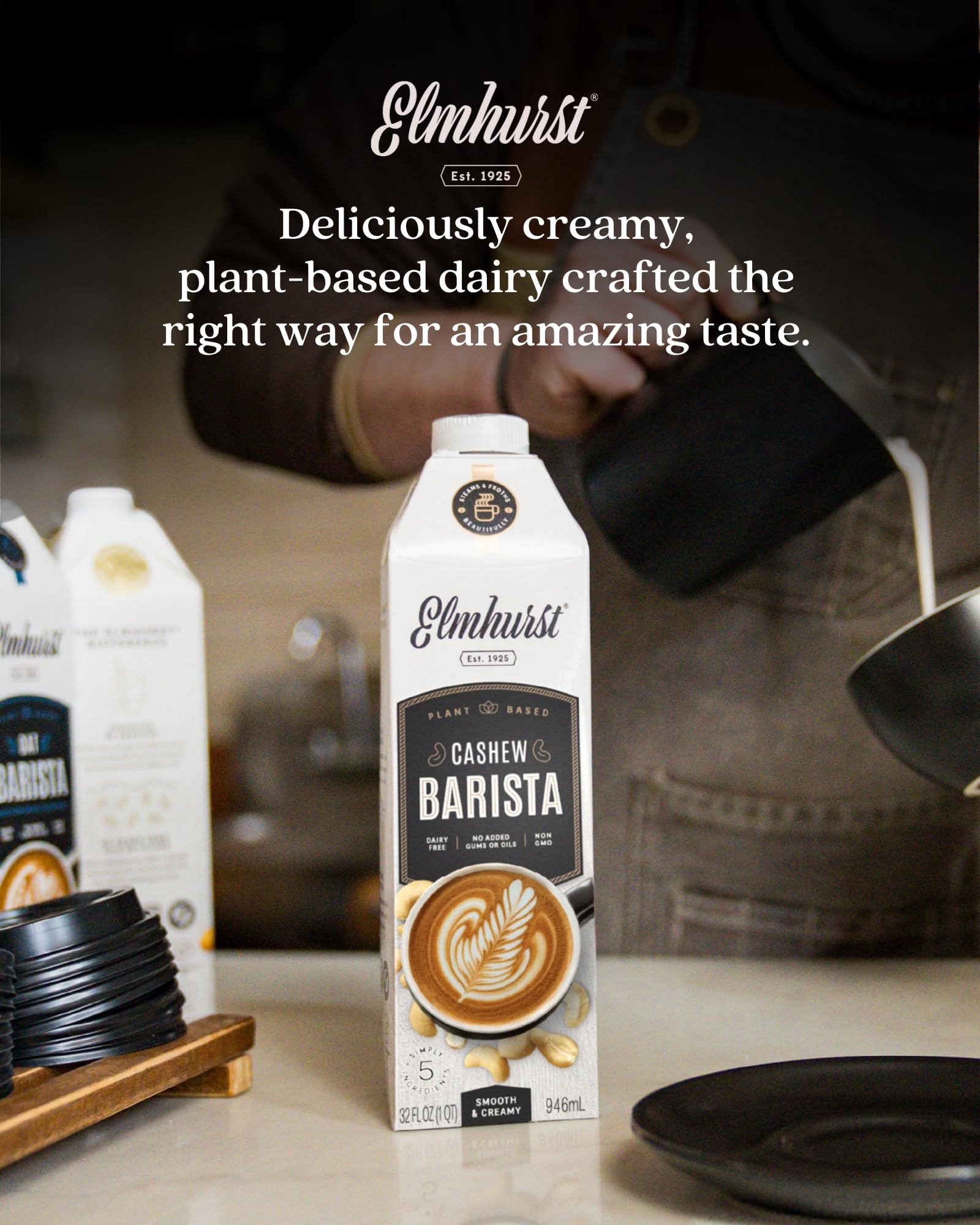 Elmhurst Barista cashew next to measuring scale showing 32oz carton size