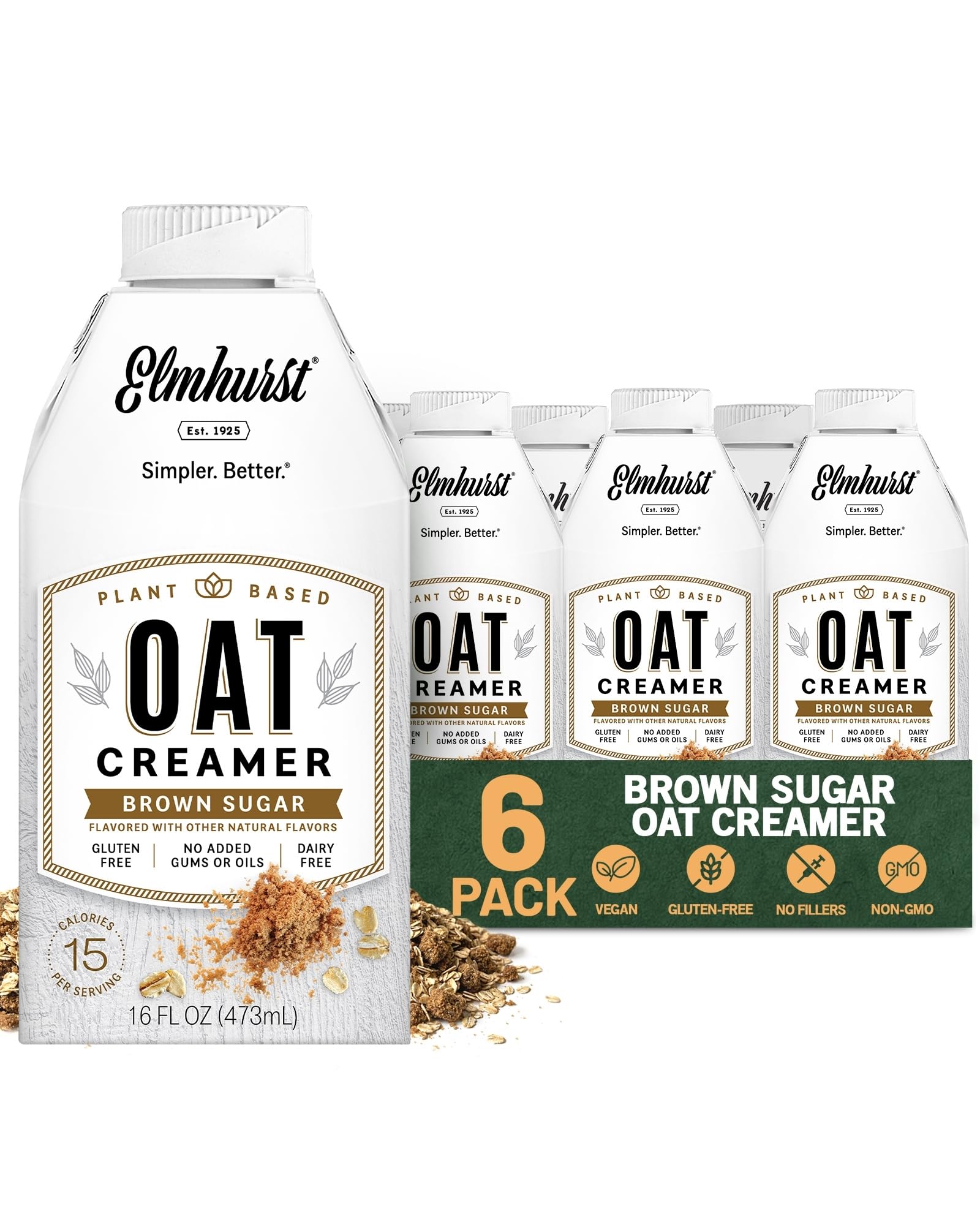 Elmhurst front packaging showing brown sugar oat creamer, highlights low-calorie benefit
