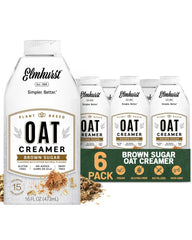 Elmhurst front packaging showing brown sugar oat creamer, highlights low-calorie benefit