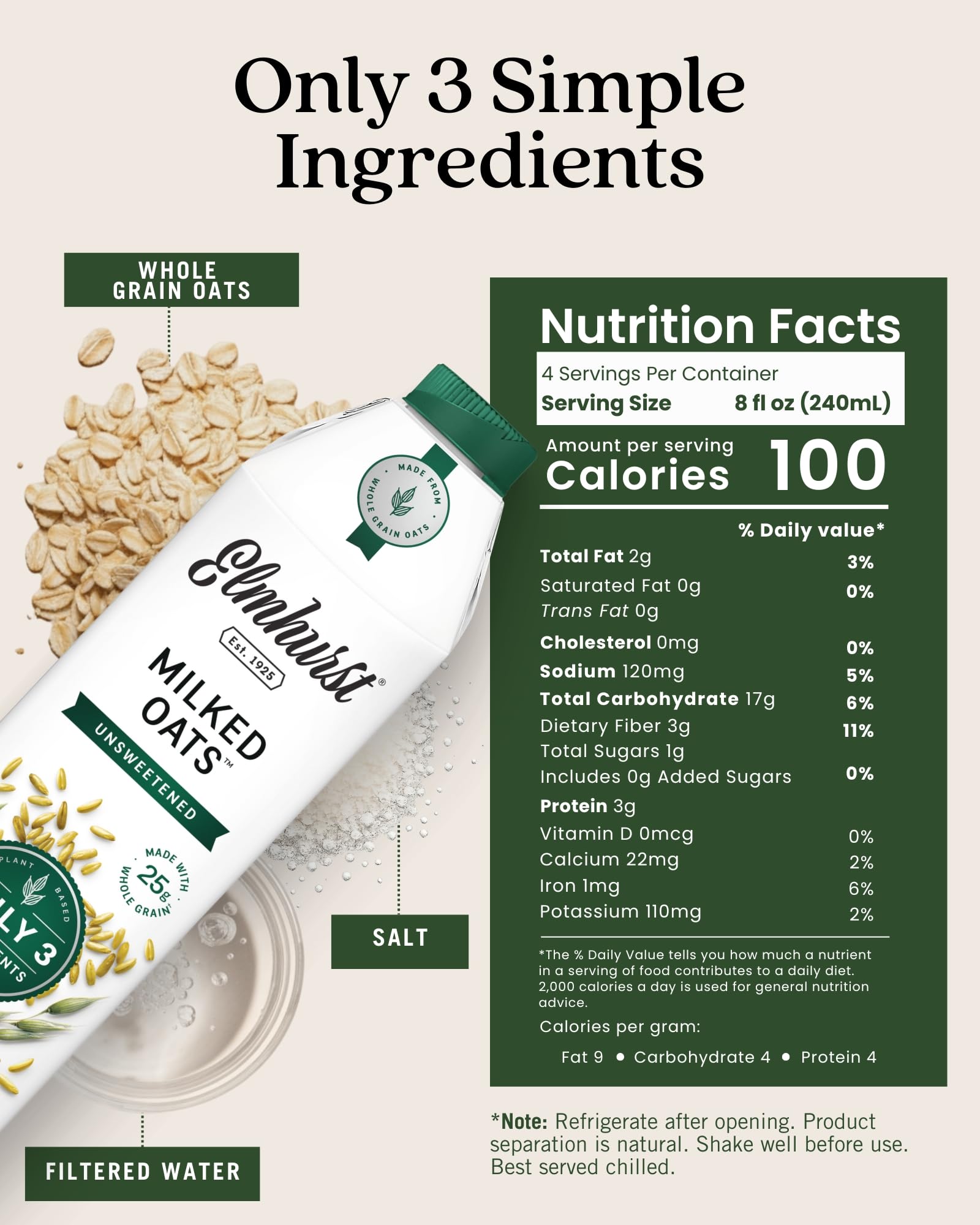 Elmhurst carton side label highlighting simple ingredients and shelf life benefits