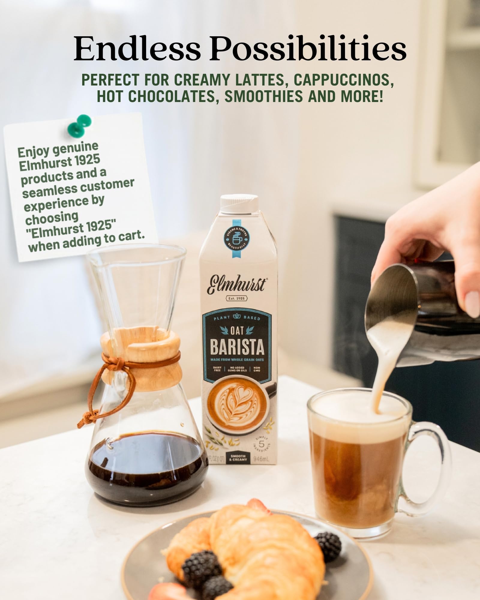 Elmhurst carton held in hand to show 32-ounce scale, practical for home and café benefit