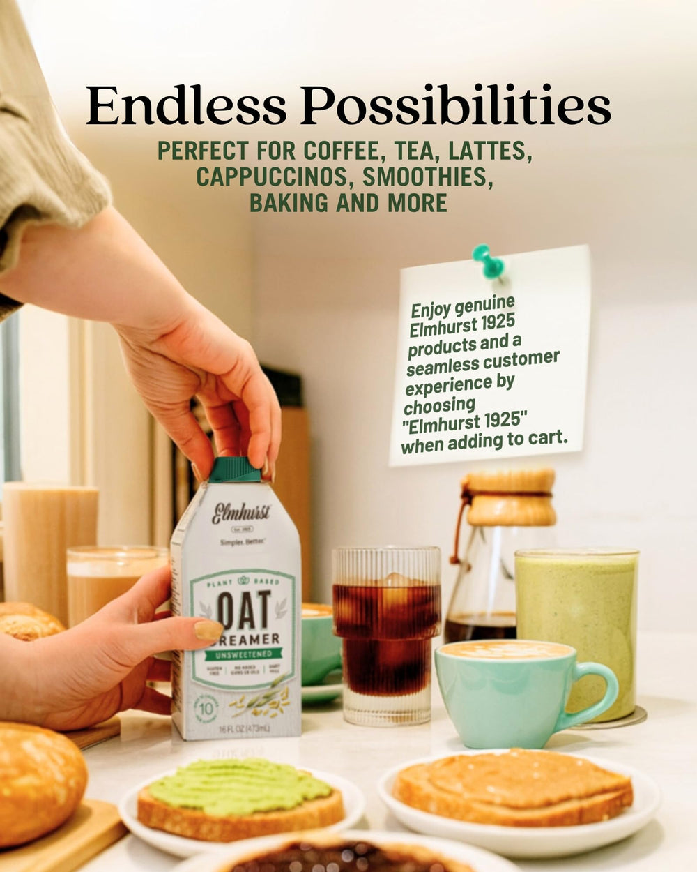Six-pack Elmhurst cartons stacked for pantry storage and convenience