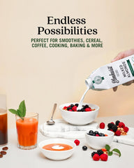 Elmhurst cartons stacked in pantry illustrating shelf stability and bulk convenience