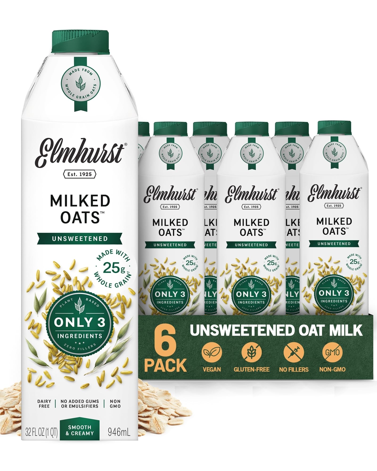 Elmhurst front carton view showing brand and unsweetened oat milk benefits