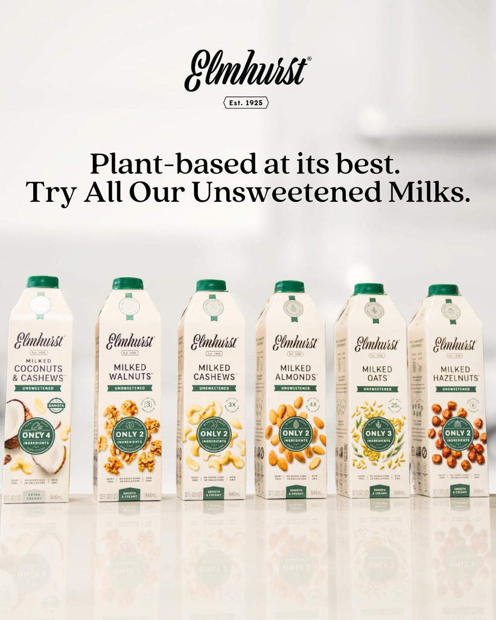 Elmhurst six-pack beside fruits showing carton size and pantry-ready benefit