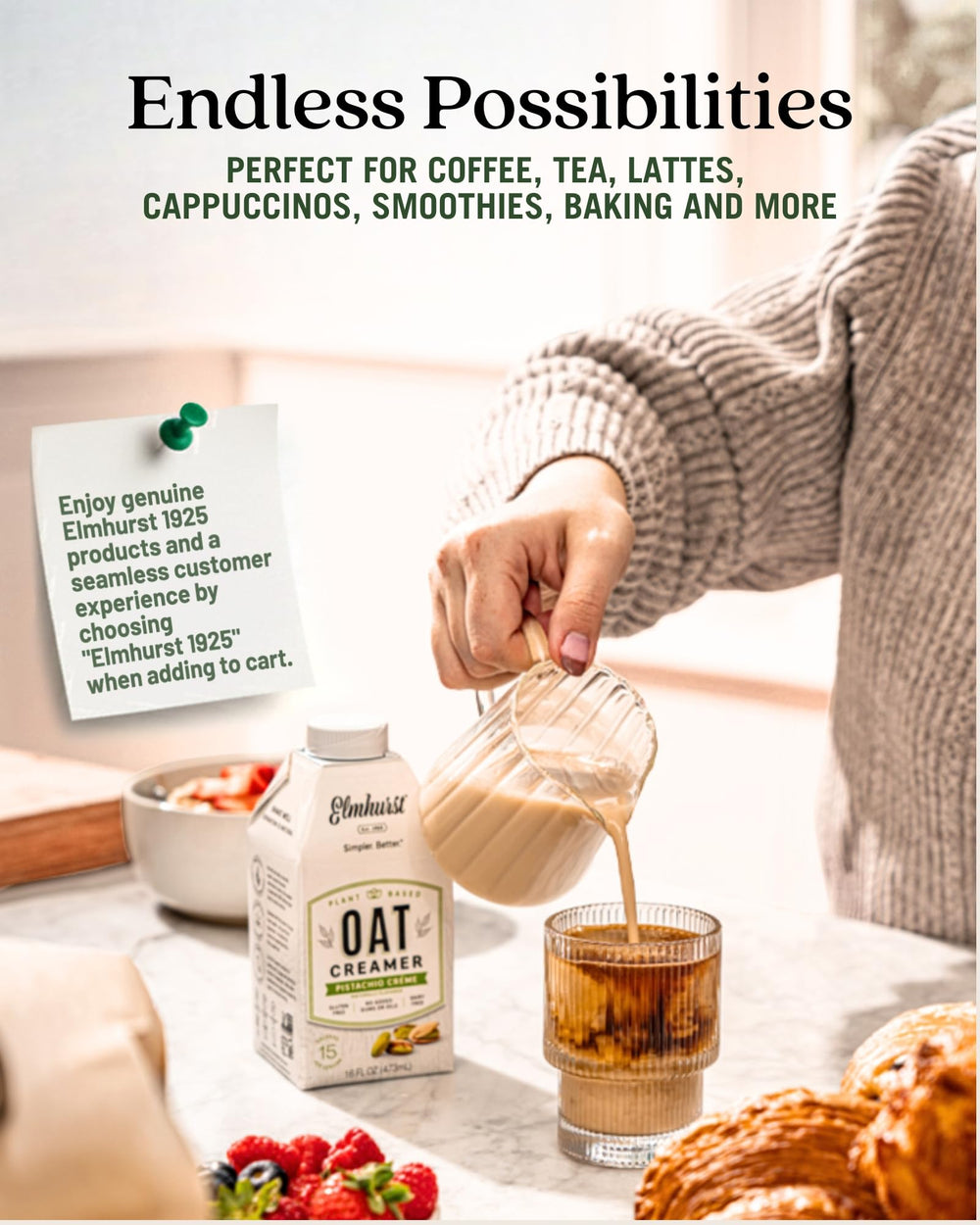 Elmhurst pistachio crème with pistachios and oats showing simple ingredient benefits