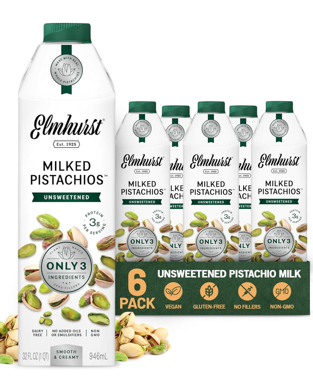 Elmhurst pistachio milk front packaging showing clean ingredients and size benefit