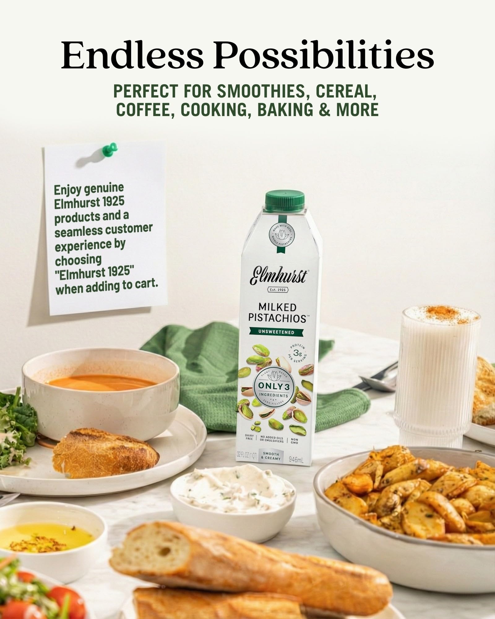 Elmhurst pistachio milk nutrition label showing protein and vitamin information