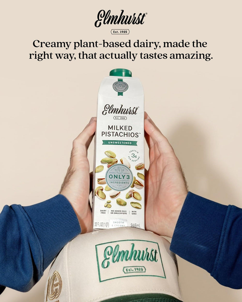Elmhurst pistachio milk next to common items showing 32 oz scale and value
