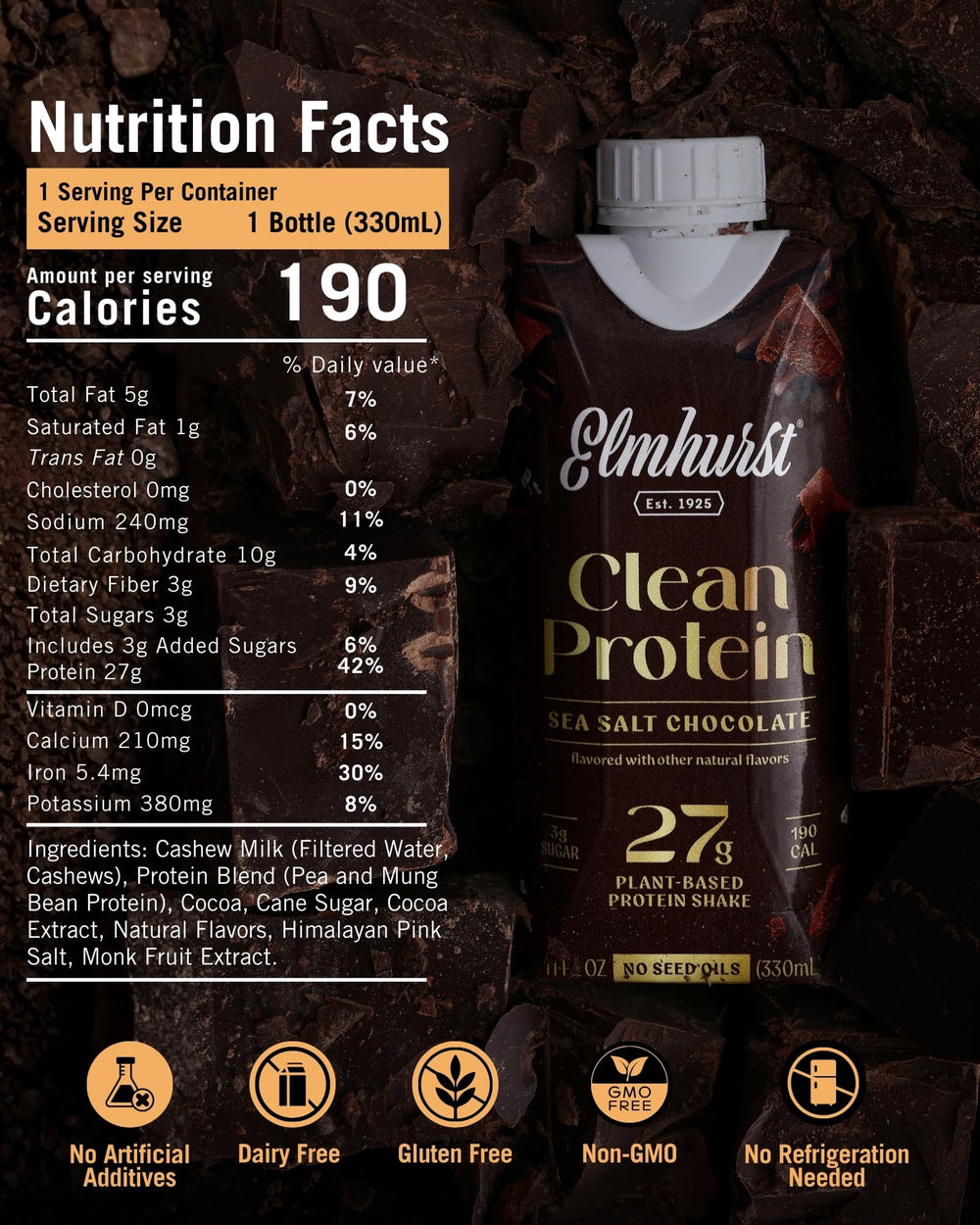 Elmhurst open bottle pouring shake to display creamy sea salt chocolate pour benefit