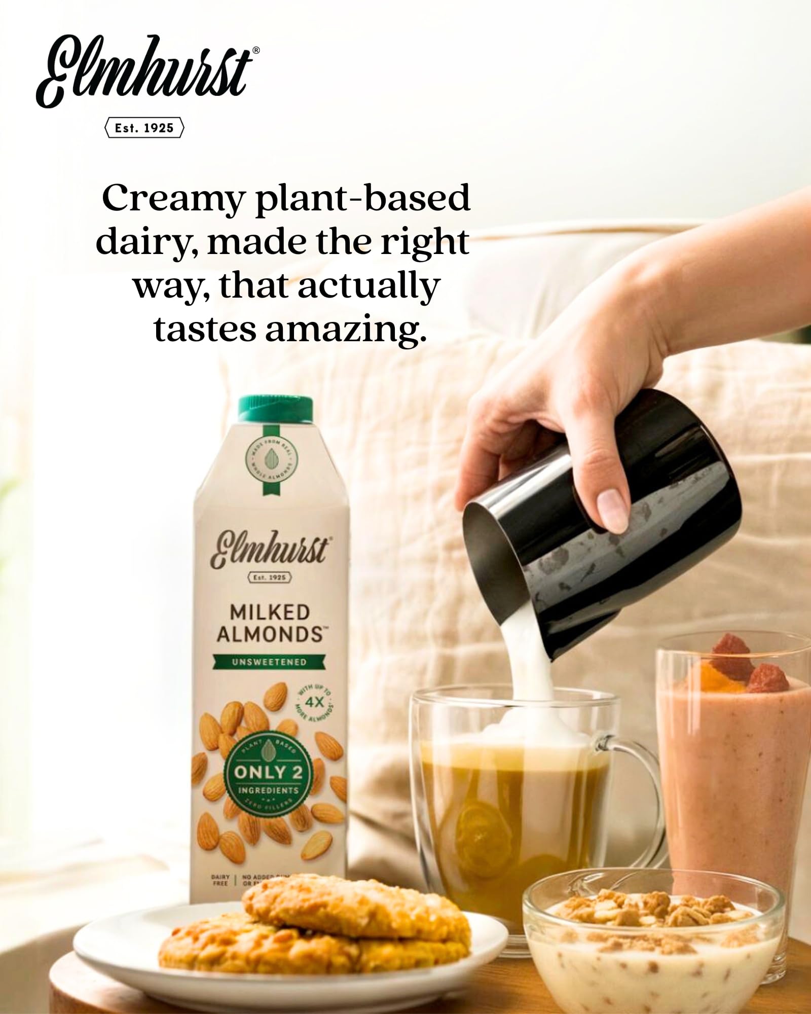 Elmhurst almond milk in smoothie kitchen scene showing versatility and fresh taste