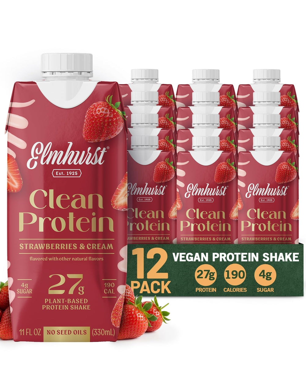 Elmhurst bottle front packaging showing strawberries and cream flavor, convenient protein