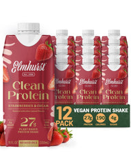 Elmhurst bottle front packaging showing strawberries and cream flavor, convenient protein