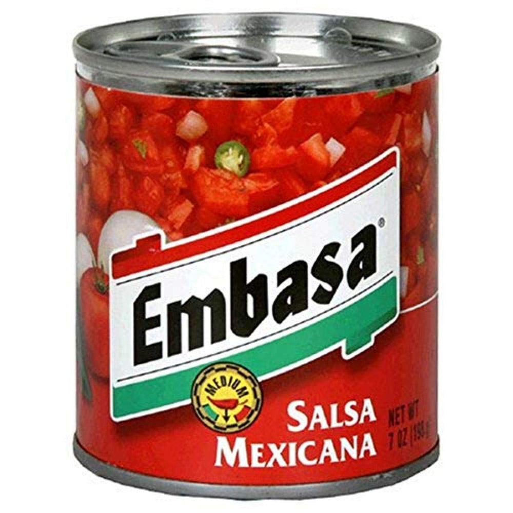Embasa can front view showing label and chunky salsa, convenient pantry-ready condiment