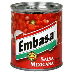 Embasa can front view showing label and chunky salsa, convenient pantry-ready condiment