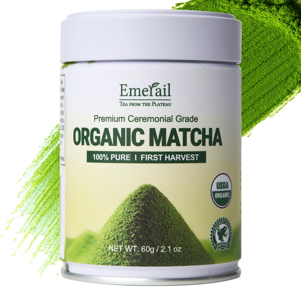 EMERAIL front tin showing 60g ceremonial matcha, clear quality indication