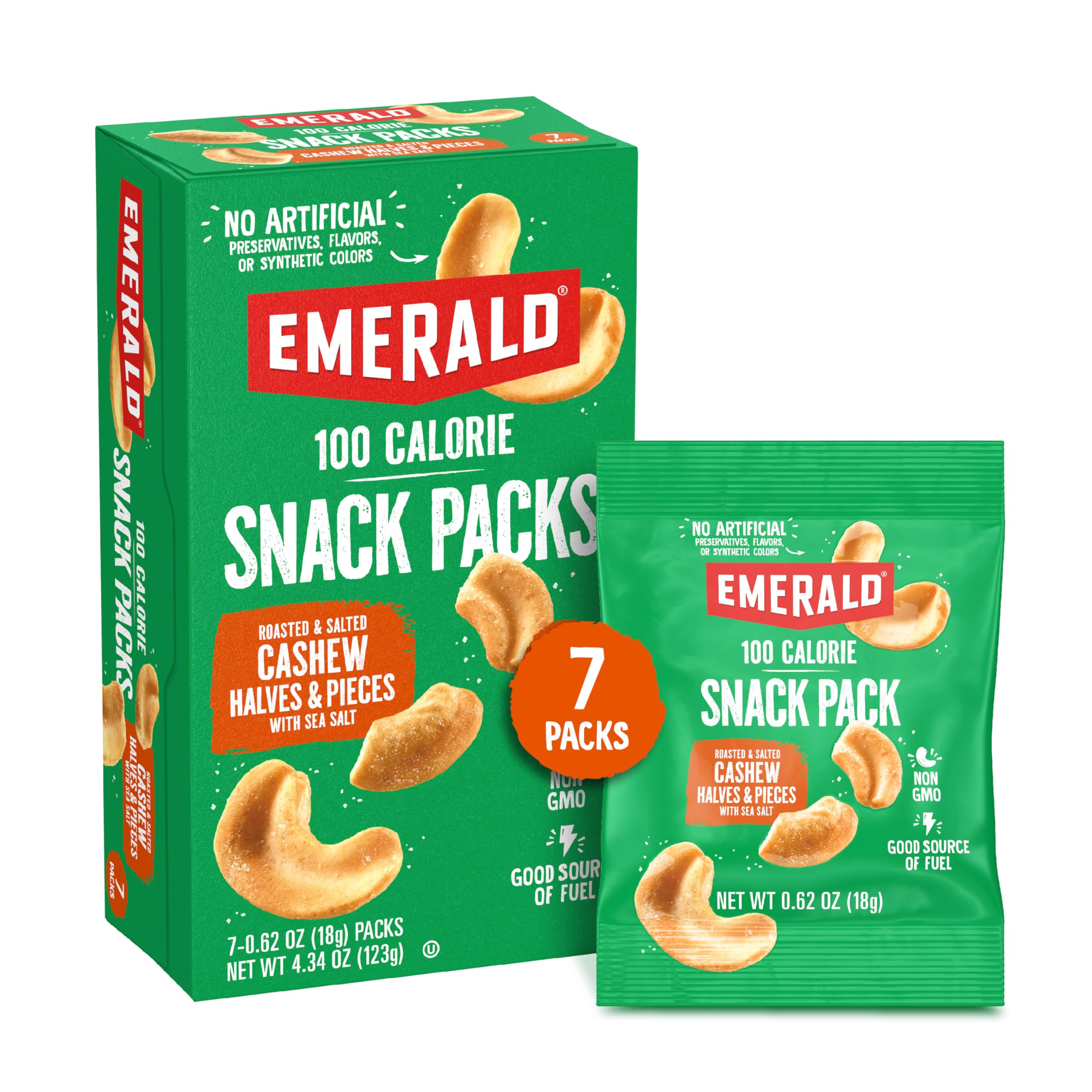 Emerald front packaging showing seven 100-calorie cashew packs and branding benefit portability