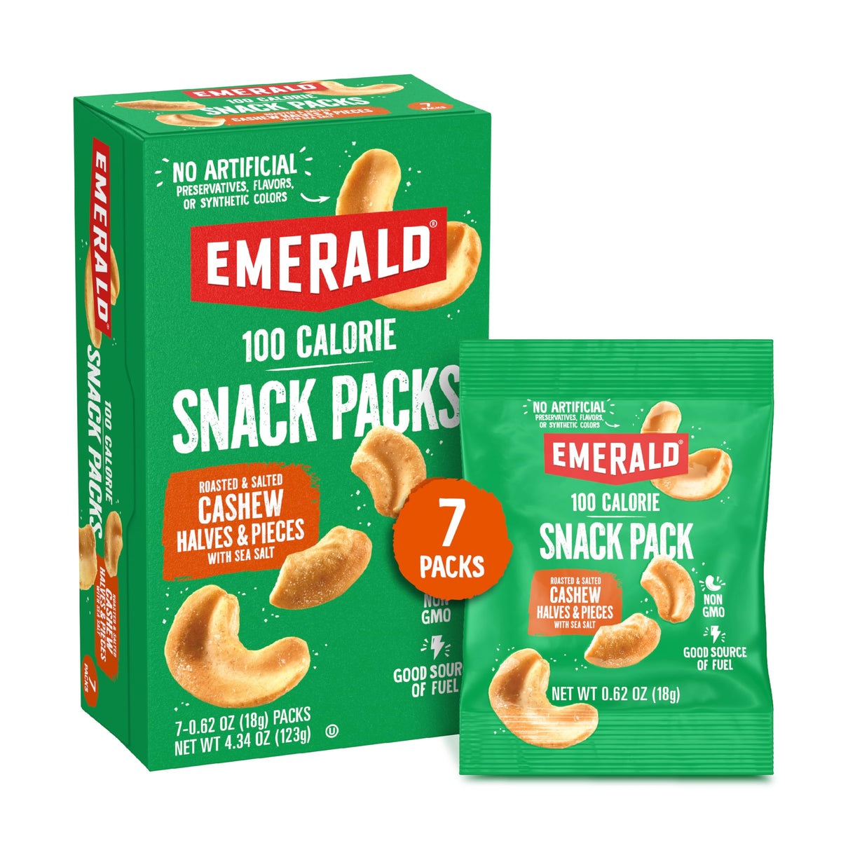 Emerald front packaging showing seven 100-calorie cashew packs and branding benefit portability