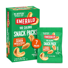 Emerald front packaging showing seven 100-calorie cashew packs and branding benefit portability