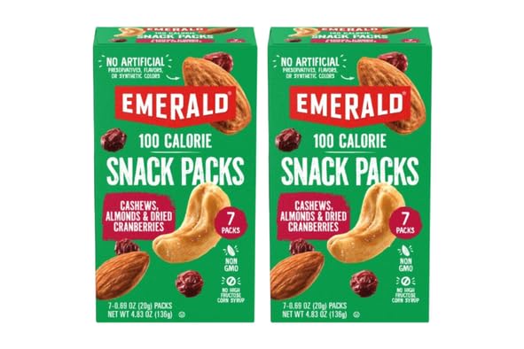 Emerald front packaging showing cashews, almonds and cranberries and convenient grab-and-go benefit