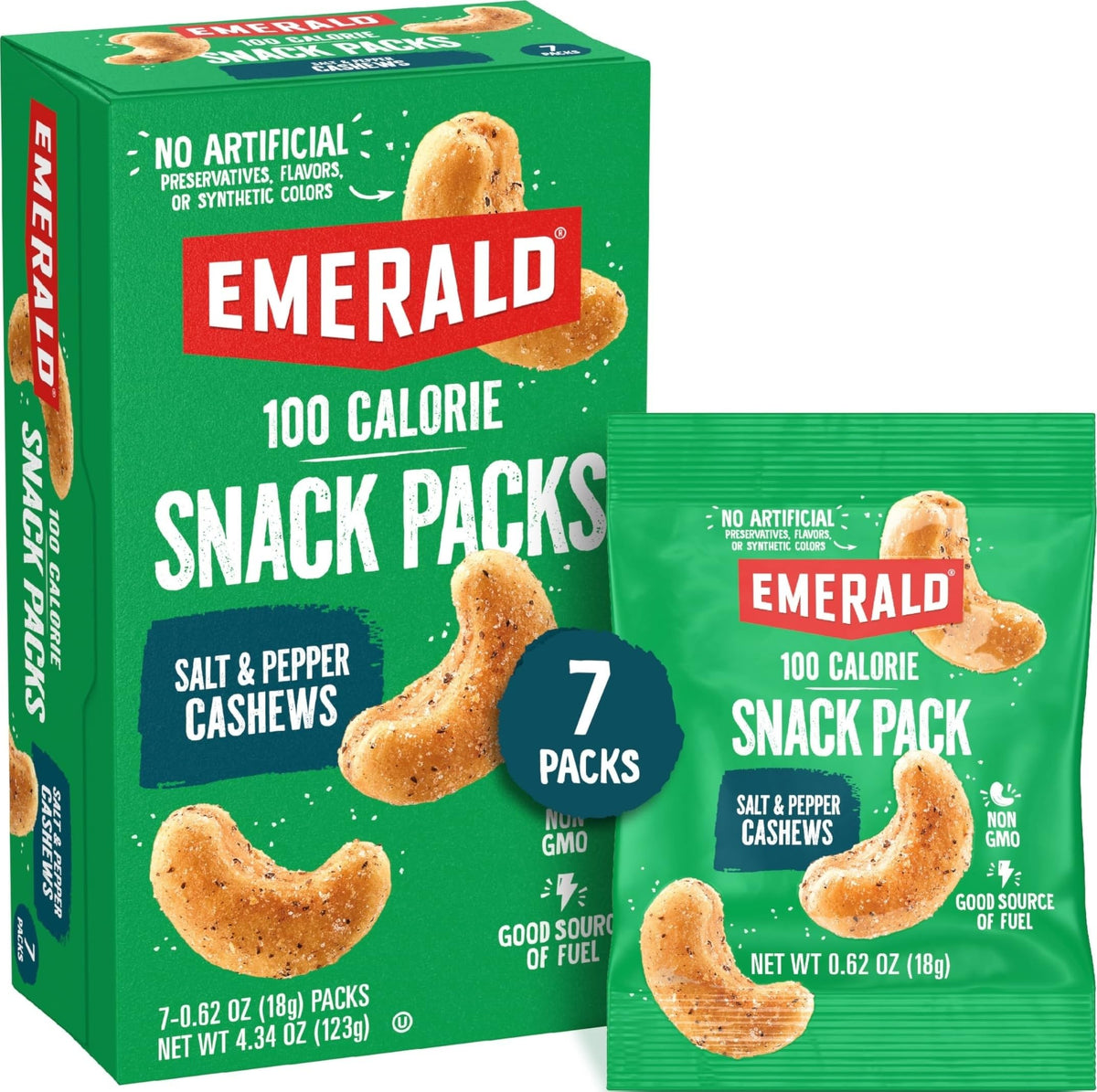Emerald front packaging shows seven 100-calorie salt and pepper cashew packs for convenience