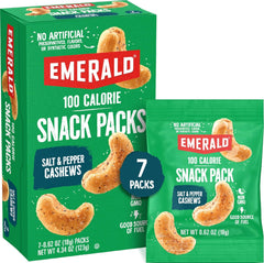 Emerald front packaging shows seven 100-calorie salt and pepper cashew packs for convenience