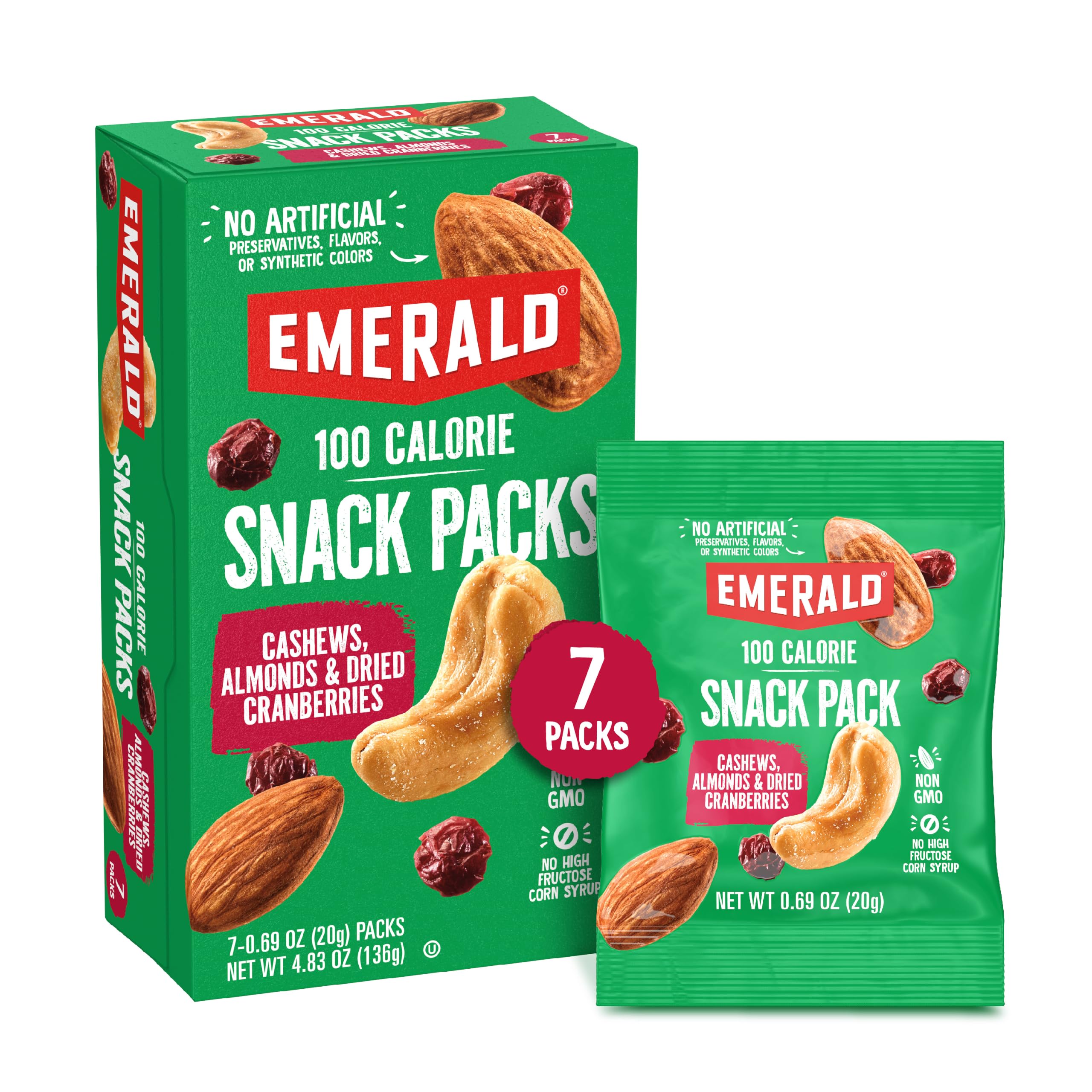 Emerald opened pouch displaying a 100-calorie portion for easy portion control benefit