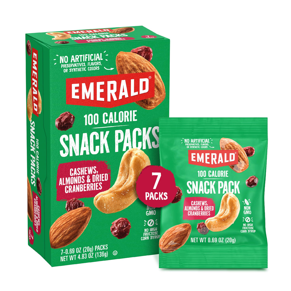 Emerald opened pouch displaying a 100-calorie portion for easy portion control benefit