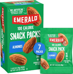 Emerald front packaging showing seven 100-calorie almond packs and convenience