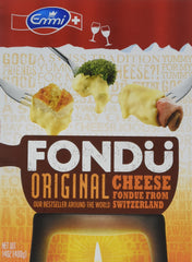 Emmi cheese fondue front packaging showing brand and tub, convenient resealable design