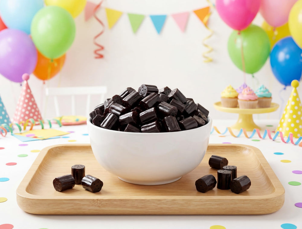 EMPORIUM candy open resealable bag revealing black licorice bites freshness