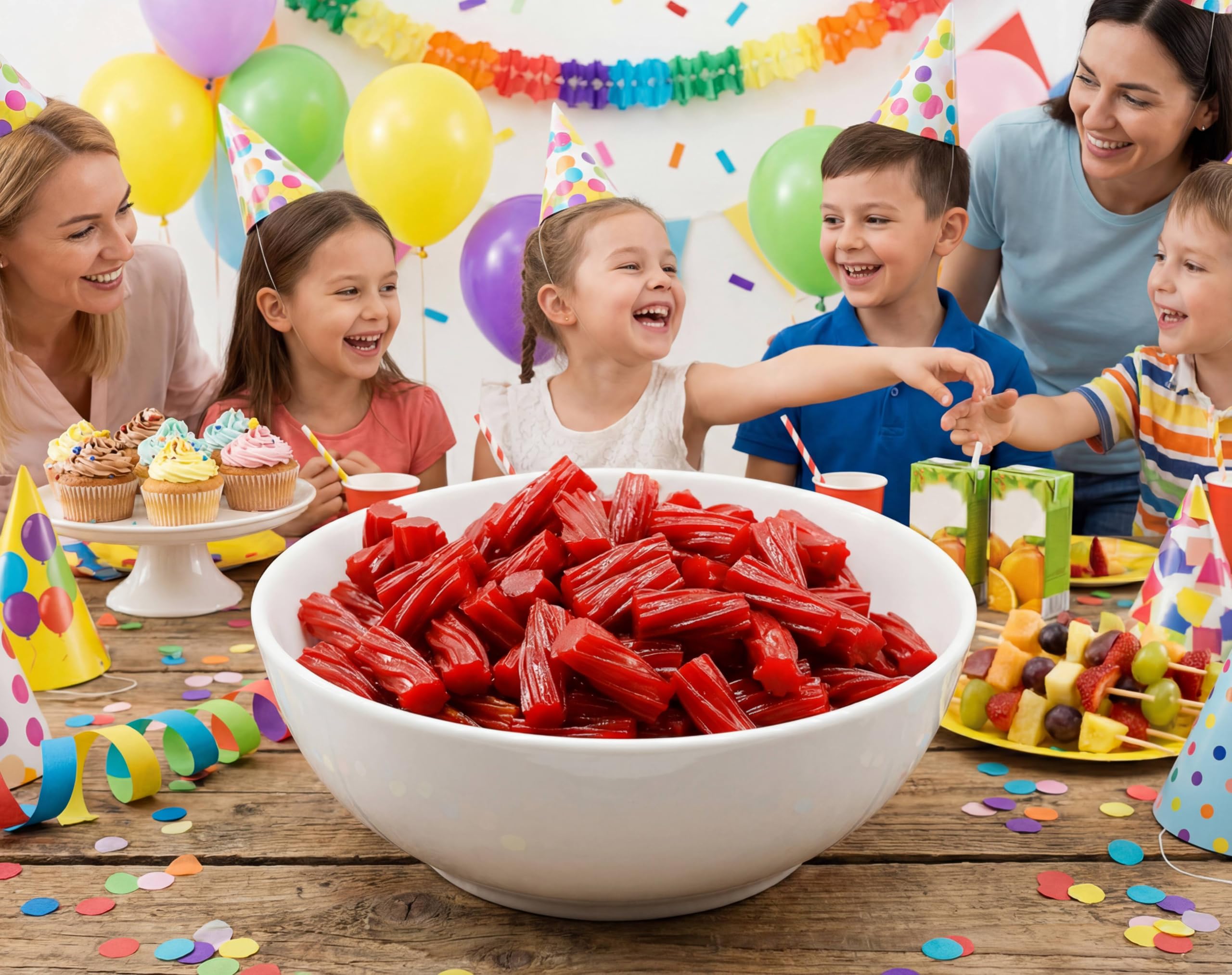 EMPORIUM CANDY open bulk bag spilling red licorice illustrating generous two-pound quantity