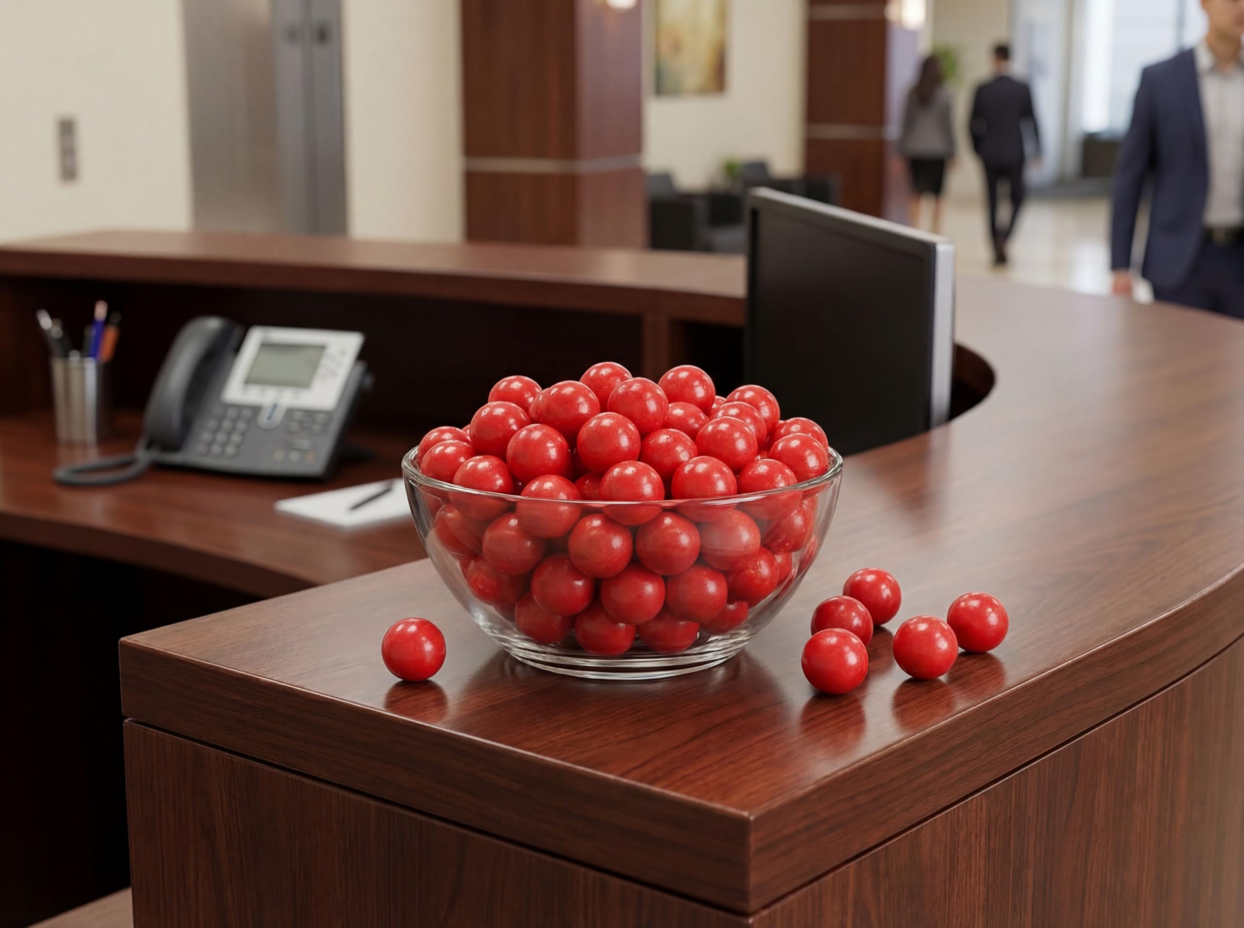 EMPORIUM CANDY gumball next to a coin for size comparison showing uniform, machine-friendly diameter