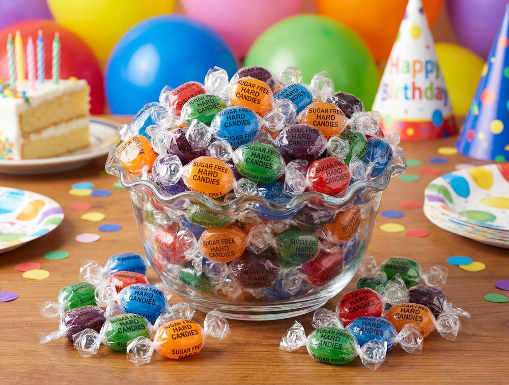 EMPORIUM CANDY TASTY TREATS assortment display highlighting five fruit flavors variety