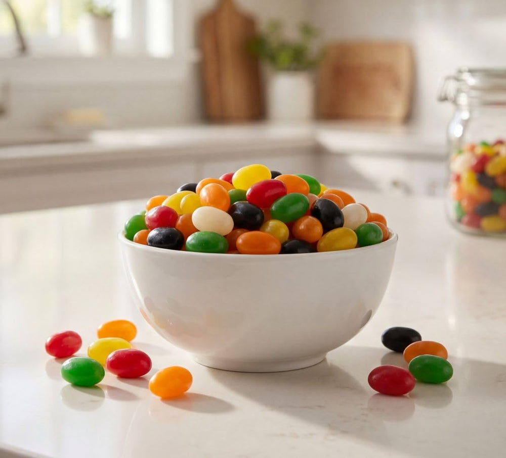 Ceramic bowl filled with Emporium Spiced Jelly Beans for party display and snacking