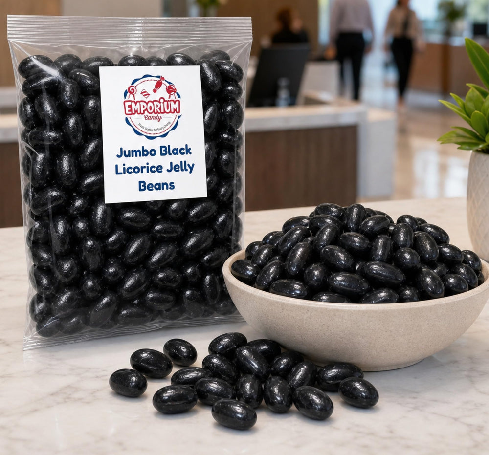 EMPORIUM CANDY TASTY TREATS hand holding beans shows jumbo size benefit