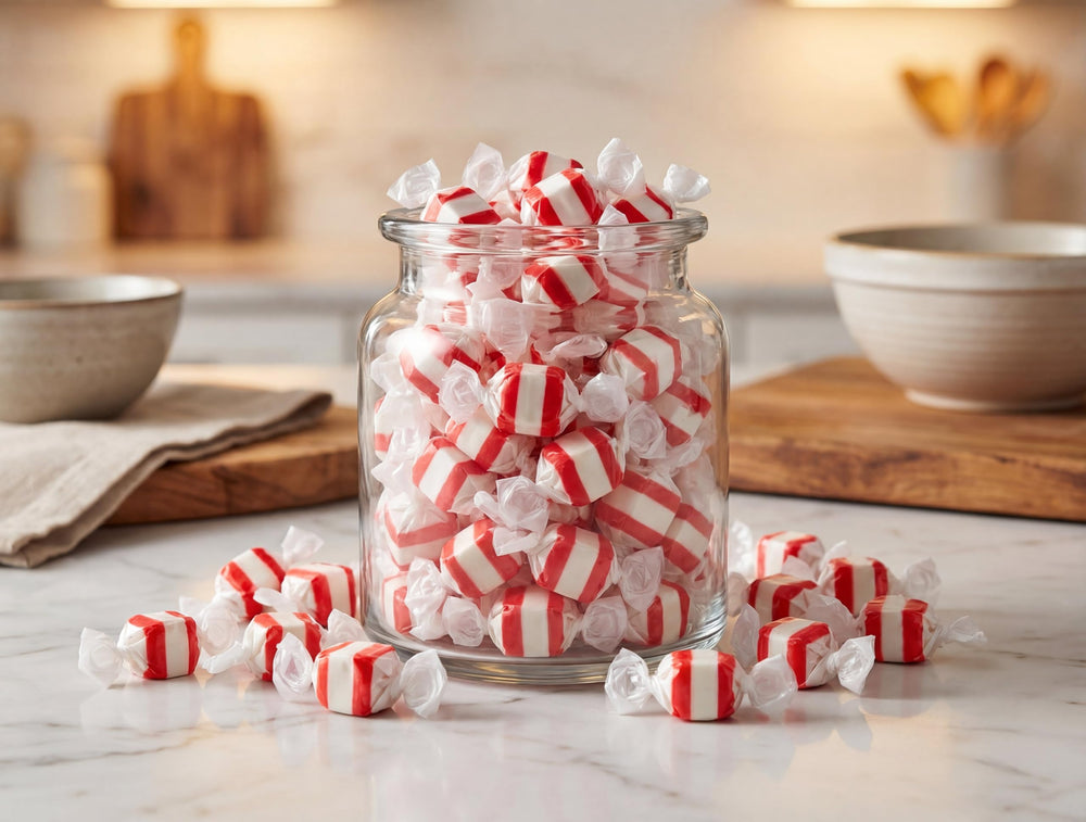 EMPORIUM Candy open bag spilling peppermint taffy illustrating generous bulk supply