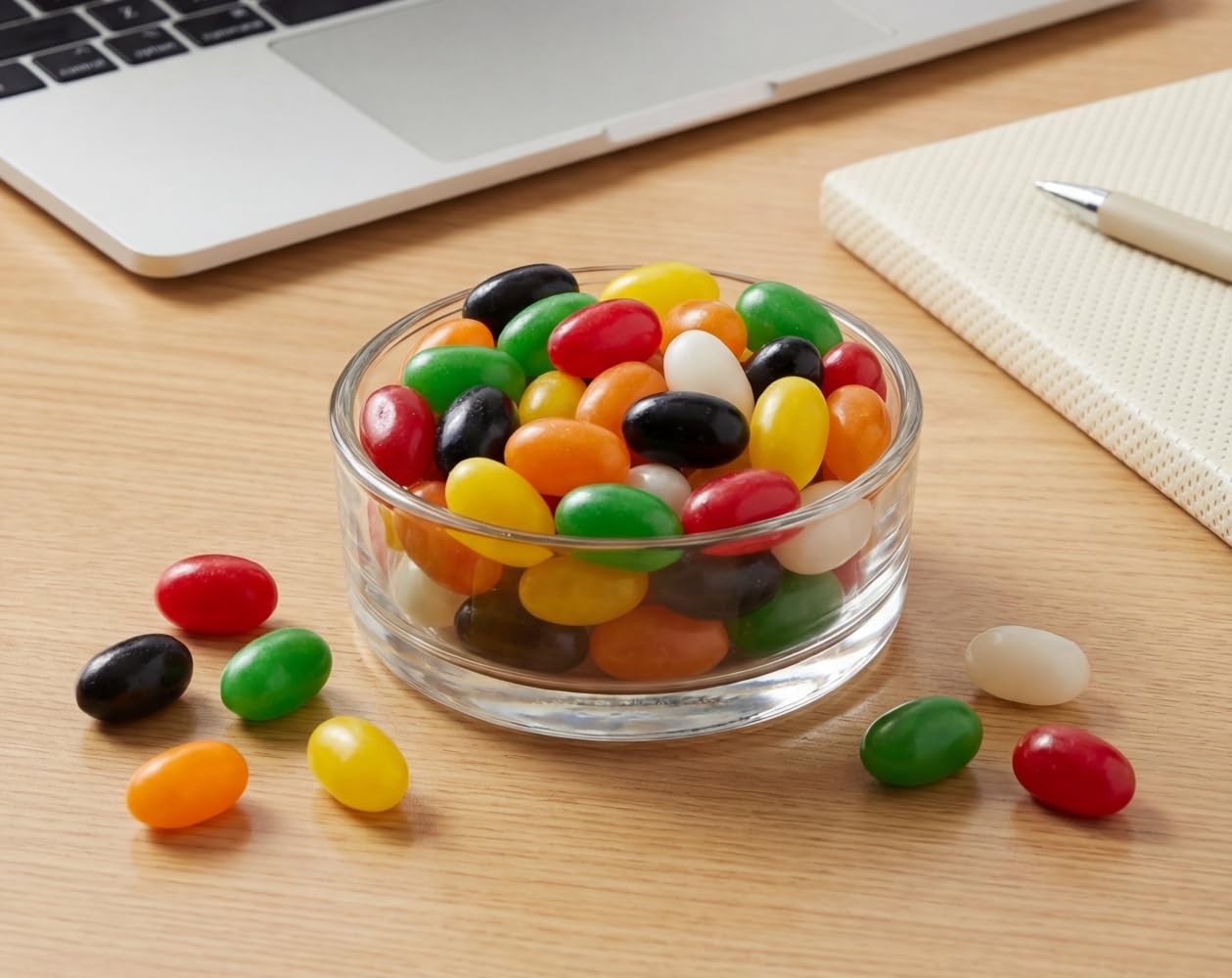 Single Emporium jelly bean next to a coin to show jumbo size and long-lasting chew
