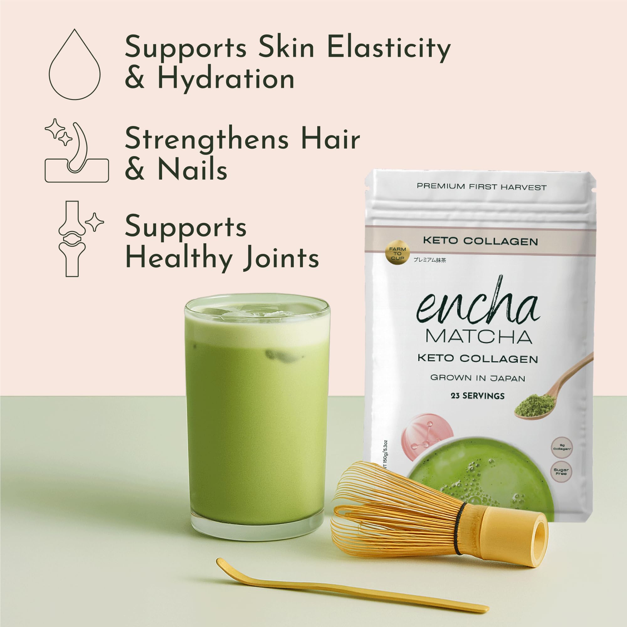 Encha matcha being whisked with frothy top, illustrating easy preparation and creamy result