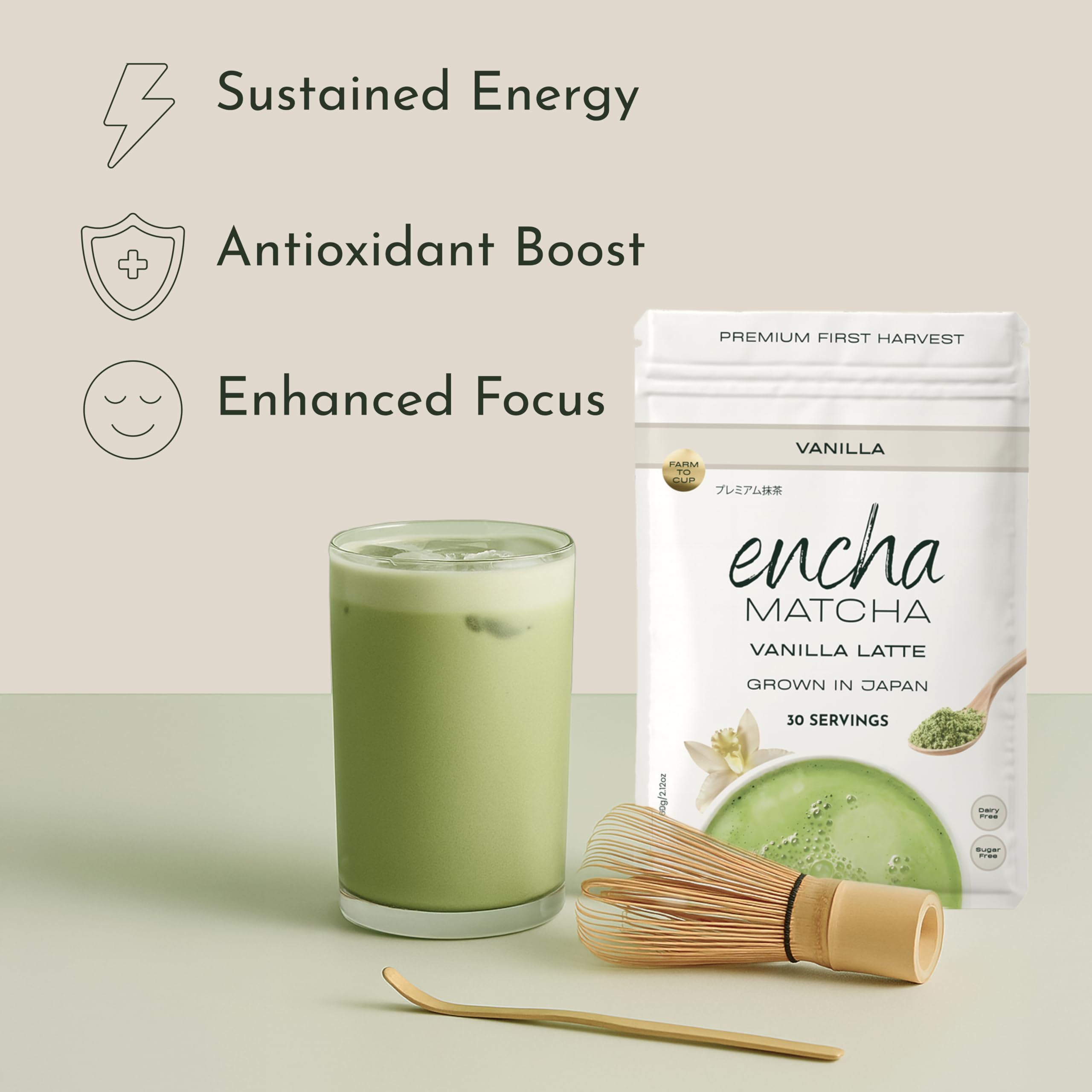 Encha whisking matcha latte in bowl demonstrating easy frothing benefit