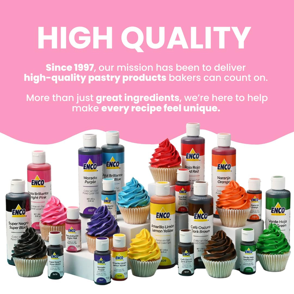 ENCO bottle staged in kitchen with decorated cakes showing commercial-grade results