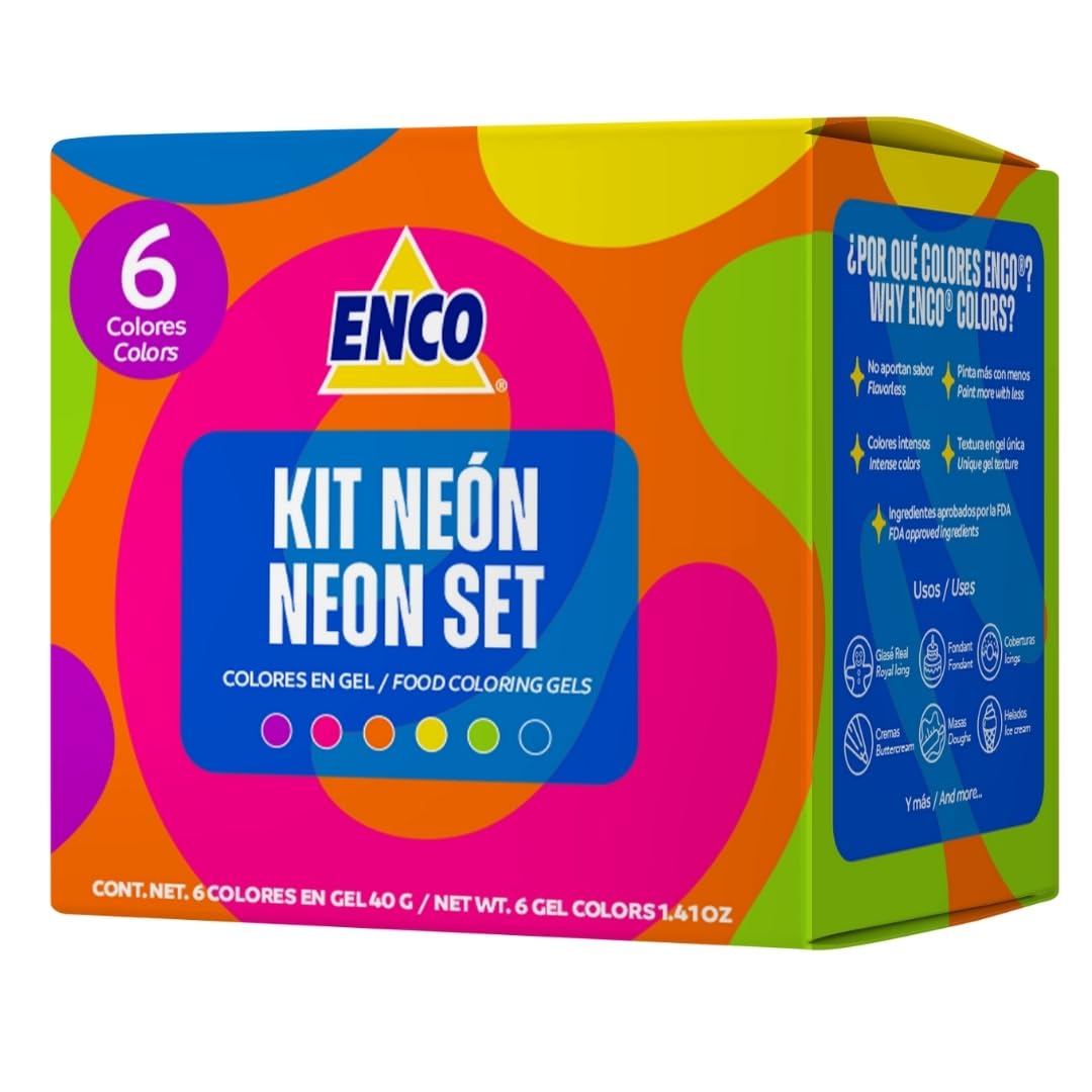 ENCO neon gel set front packaging showing all six tubes and benefits