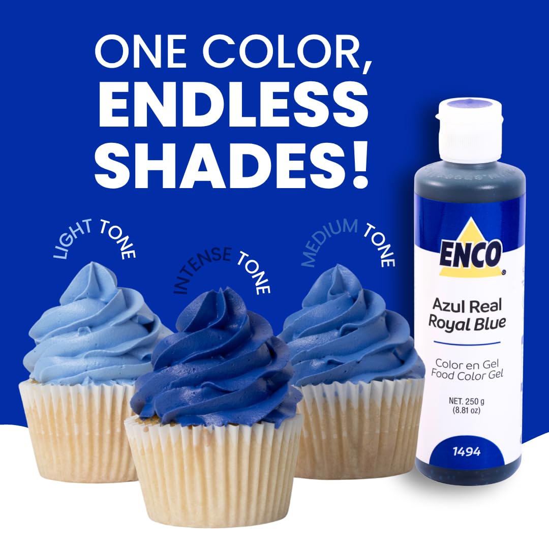 ENCO royal blue being mixed into frosting bowl demonstrating smooth blend and vivid color